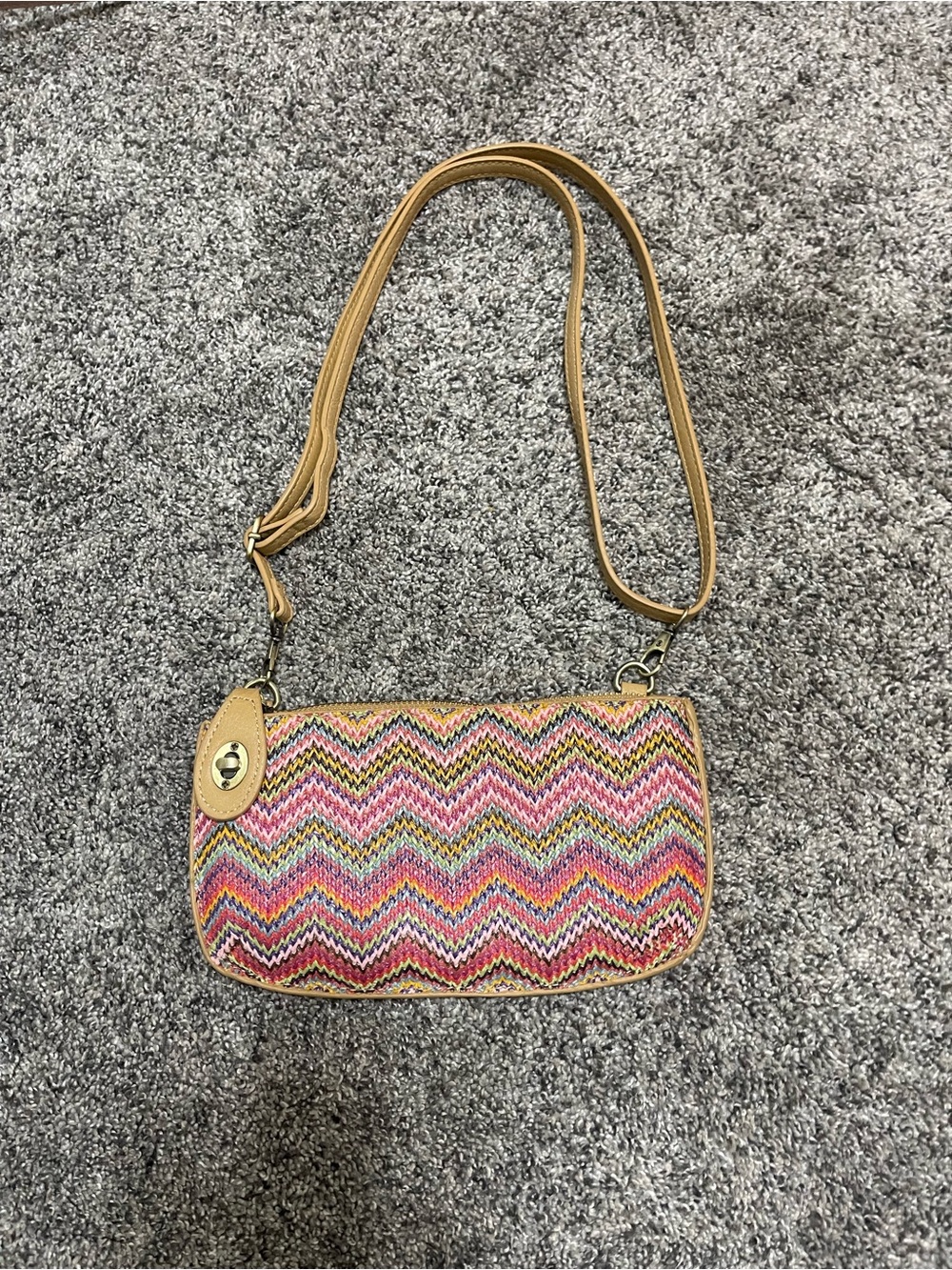 Multicolor Chevron Woven Crossbody Bag with Tan Trim